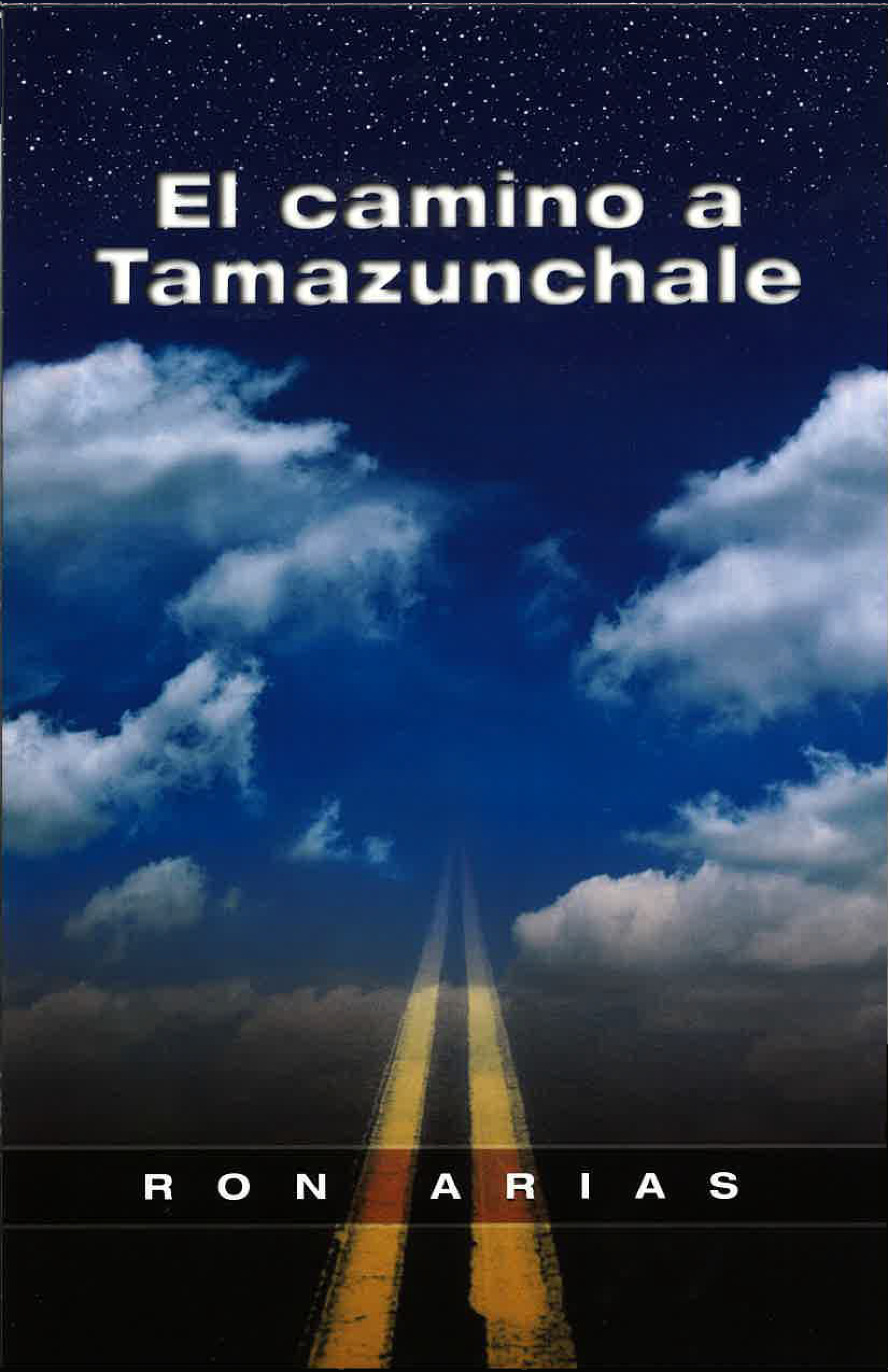 Paved road with double yellow stripe fades off into the clouds with text written above.